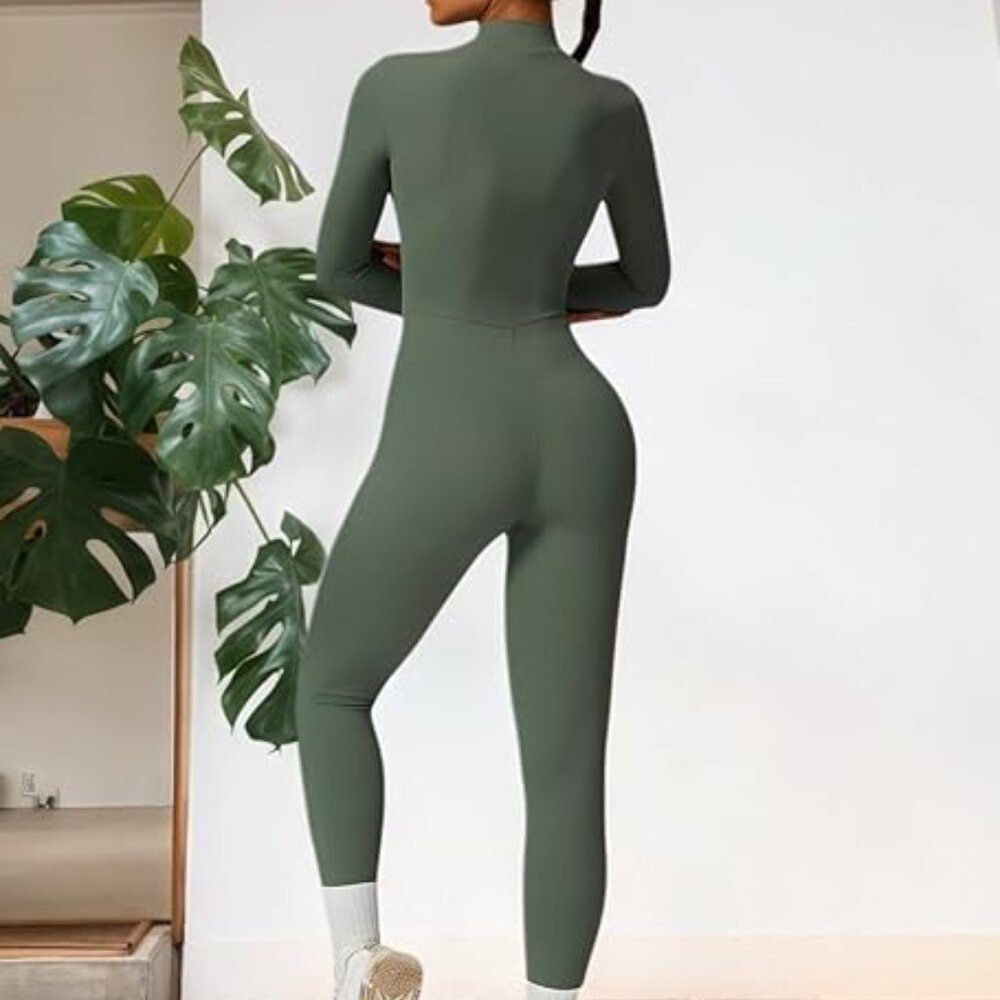 Women’s long‑sleeve zip workout jumpsuit, full‑length stretchy active bodysuit - Picture 11 of 15